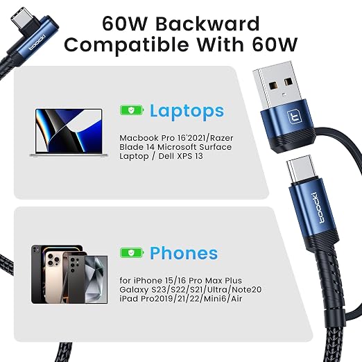 toocki 60W USB C Cable Right Angle Type C Fast Charging Cable 10FT 2-Pack | 2 in 1 Multi USB A/C to USB-C Cable for iPhone 17 16 15 Pro Plus Pro Max Air/MacBook Air/Samsung S25 Ultra/S24/ Note 20
