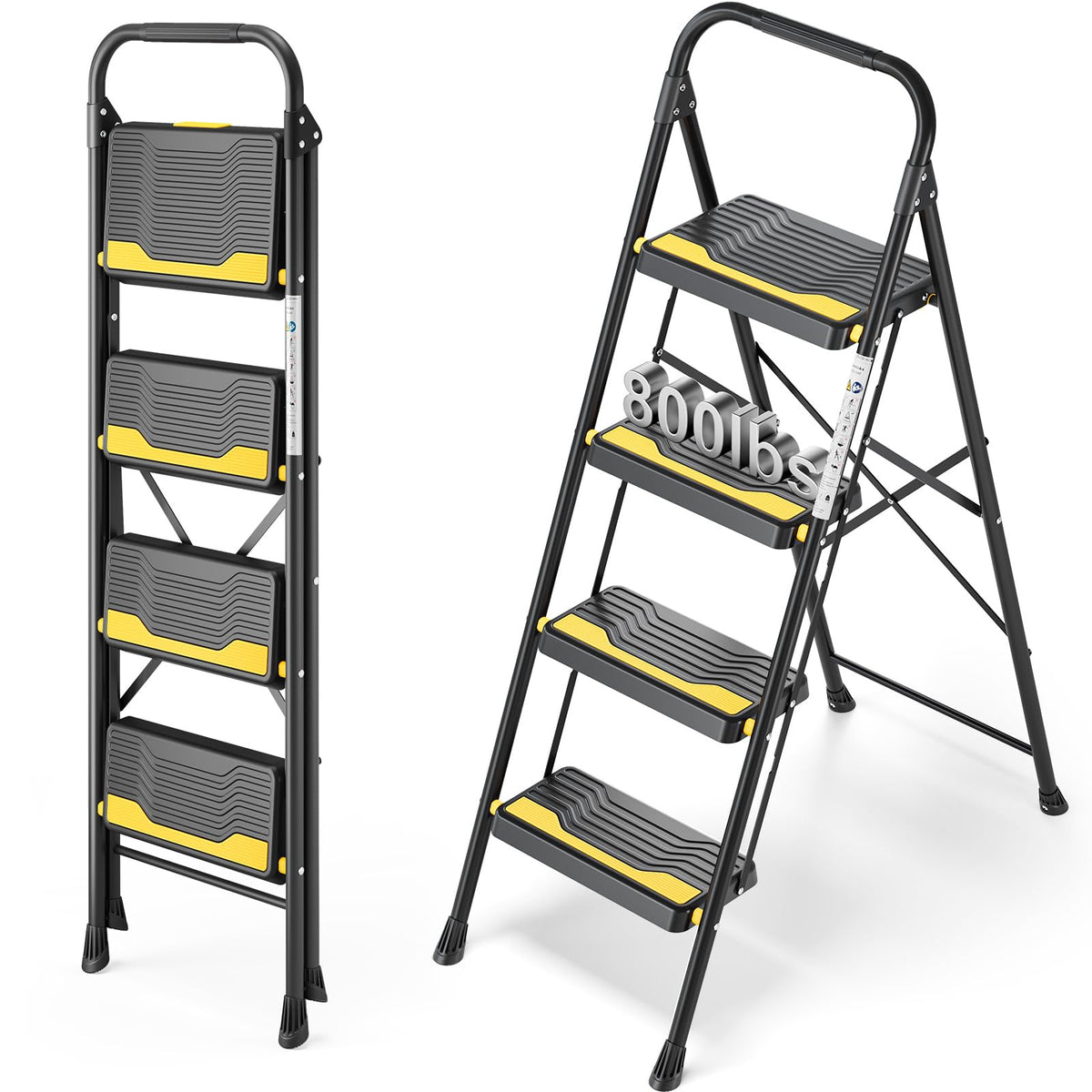 Urackify 4 Step Ladder, Heavy-Duty Pass 800lb Capacity Test, Wide Anti-Slip Steps & Secure Handrail Compact, Folding Step Stool Portable Design for Home, Kitchen, Office, Pantry, Closet Use, Black