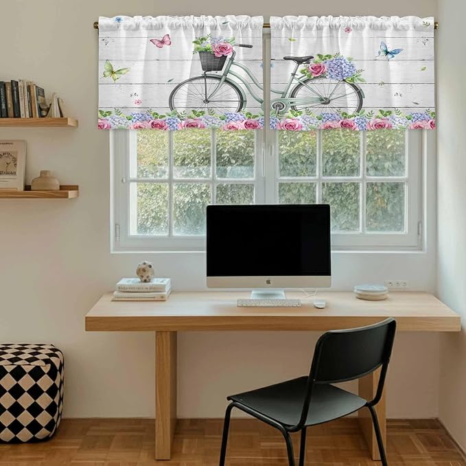 Spring Tier Curtains, Bicycles Botanical Rose Leaves Butterfly Wood Grain Light