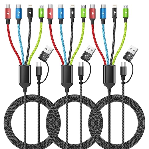 4 in 1 Multi Charging Cable 2 Pack 6FT Charging Cords for Devices | Nylon Braided USB C Car Charger Cable with Dual USB-C IP &amp Micro Ports Long Travel Charging Cord for Cars