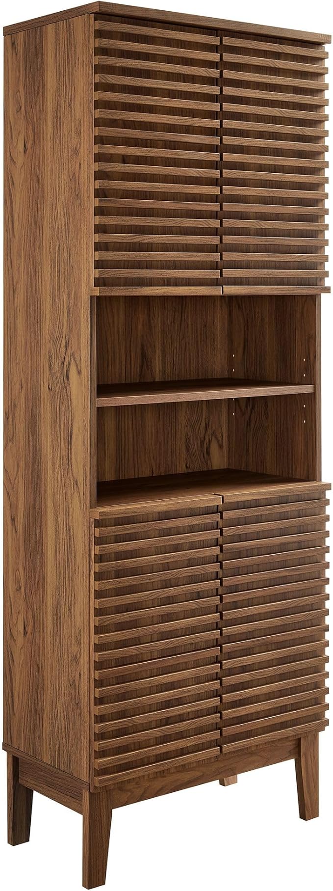 Modway Render Tall Bathroom Storage Tower in Walnut - 63” Freestanding Linen Cabinet with Open Shelves and 4 Soft-Close Doors - Towel and Makeup Organizer