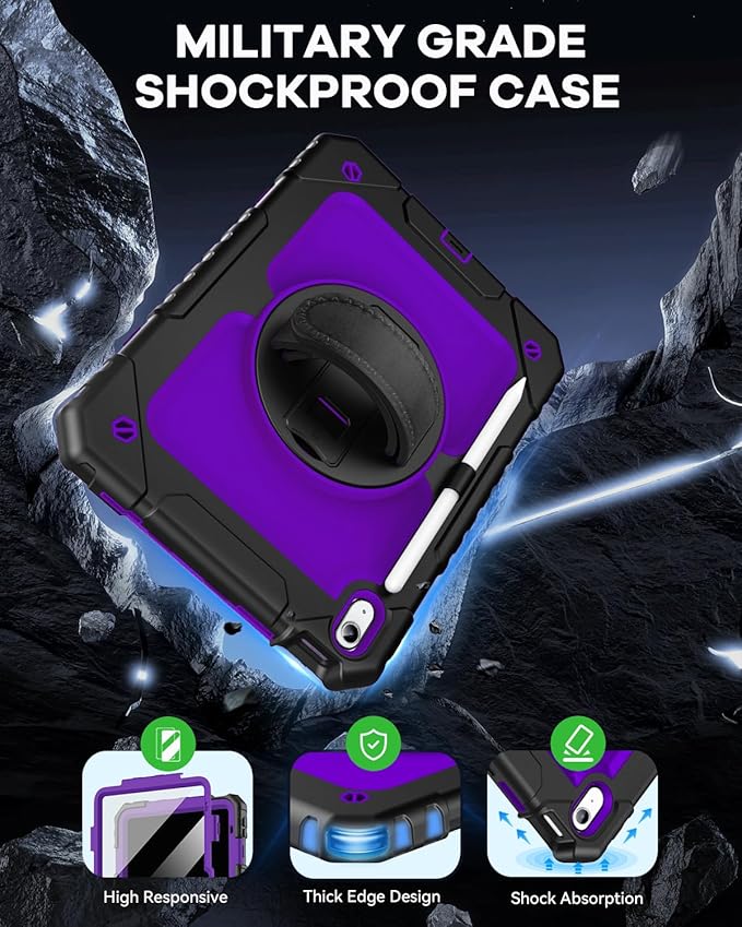 Cantis Case for iPad 11-inch (A16) 2025/ iPad 10th Generation 2022 (10.9 inch) with Screen Protector, iPad 11th Case with 360 Degree Rotating Stand/Shoulder Strap/Pencil Holder, Black+Dark Purple
