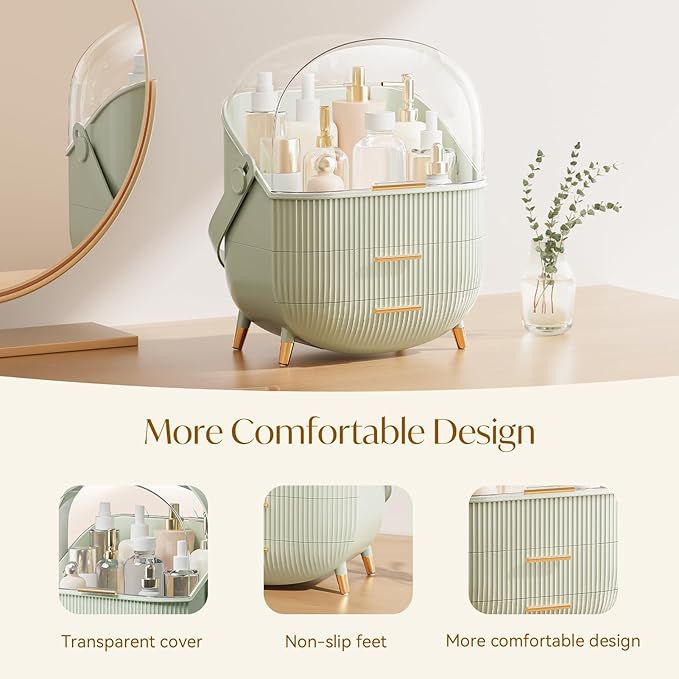 Makeup Organizers, Make Up Organizers for Vanity, Countertop Cosmetic Storage with Drawers and Transparent Cover for Bedroom Bathroom (Light Green)