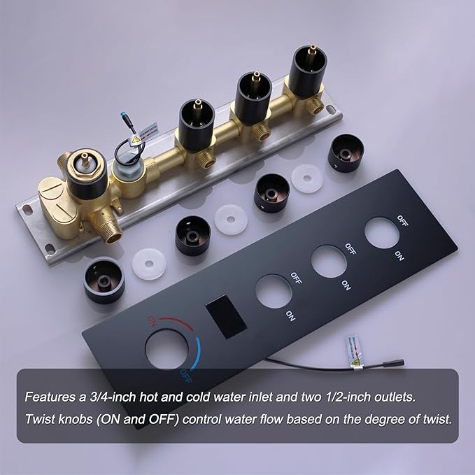 KATAIS Matte Black Tempreature Display Shower System with 6 PCS Body Jet, 8 inch Wall Mount Shower Head and Handheld Spray