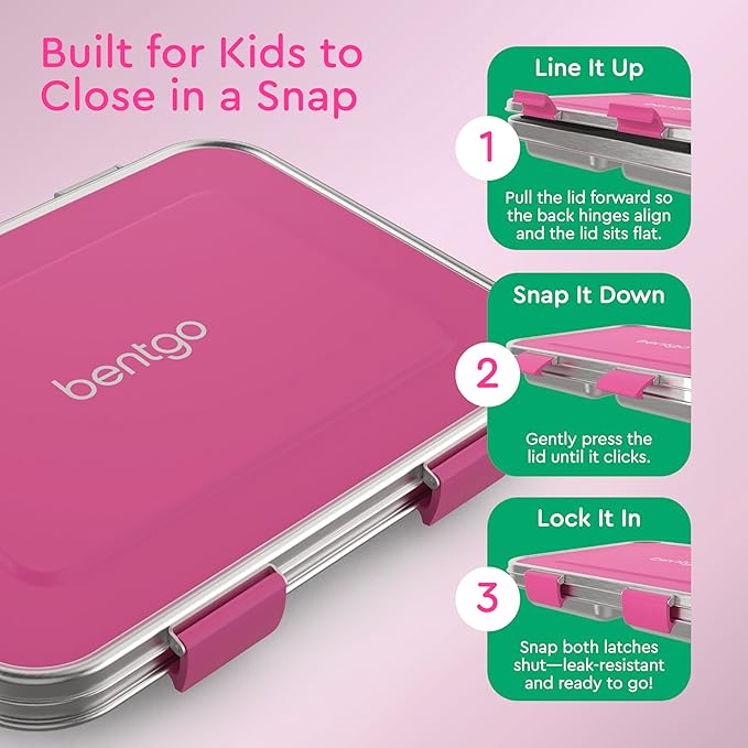 Bentgo Kids Stainless Steel Leak-Resistant Lunch Box - 3-Compartments with Bonus Silicone Container, Durable, Eco-Friendly, Dishwasher Safe, BPA-Free, Ideal for School, Ages 3+ (Fuchsia)