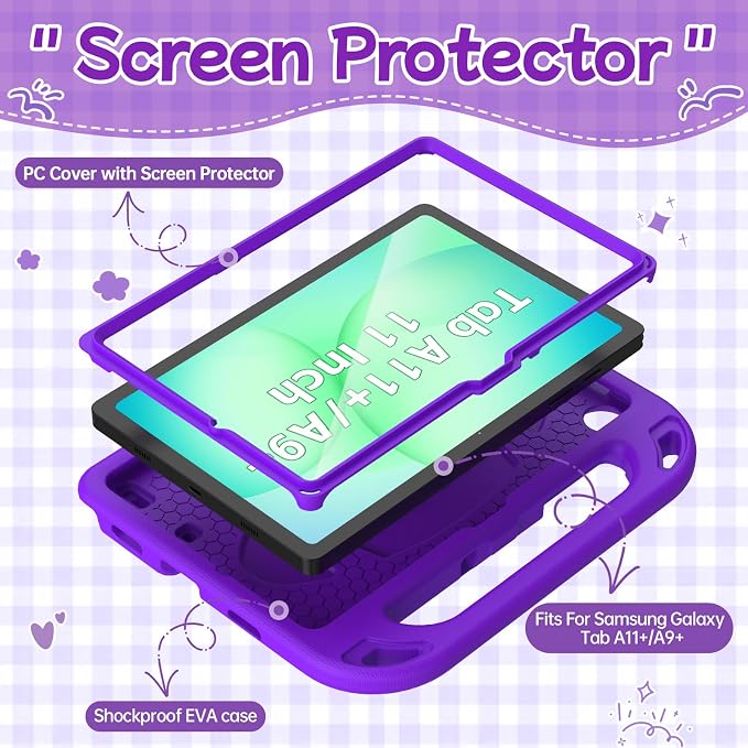 BMOUO Kids Case for Samsung Galaxy Tab A11+ Plus 11” 2026/A9+ Plus 2023 11 inch Tablet with Screen Protector Shockproof Lightweight Stand Handle Galaxy Tab A11 Plus/A9 Plus Case for Kids Black
