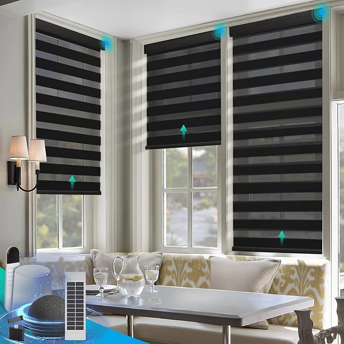 Motorized Zebra Blinds, Solar Powered Dual Layer Automatic Shades with Remote Control, Rechargeable Smart Blinds Horizontal Wireless Electric Shades for Windows, Custom Size, Black， 39 x 72