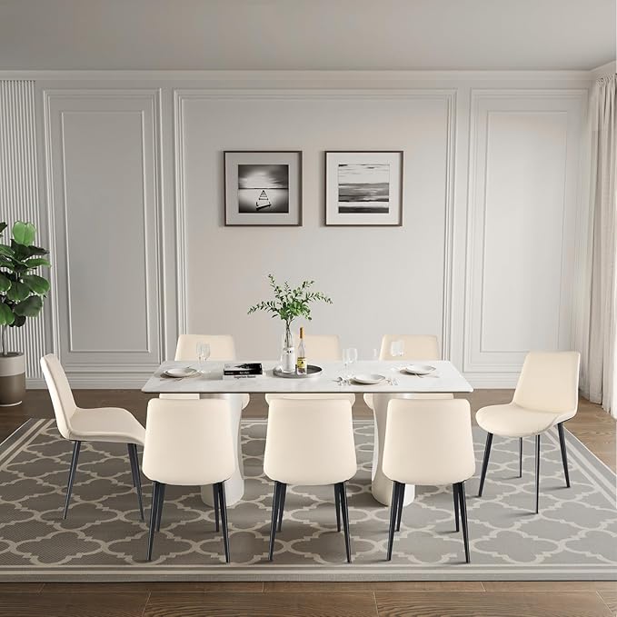 Dining Chairs, Modern PU Leather Dining Room Chair with Sturdy Metal Legs, Upholstered Seat Dinner Chairs Accent Side Chairs for Indoor Kitchen Living Room (Beige, Set of 8)