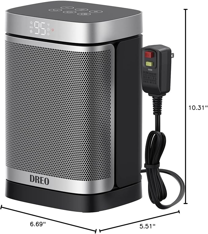 DREO Space Heater for Bathroom and Indoor, Portable Heater, 1500W Safe and Quiet PTC Ceramic Heater, 41-95°F Digital Thermostat, 70°Oscillating, Remote, ALCI Safety Plug, 12h Timer, 5 Modes