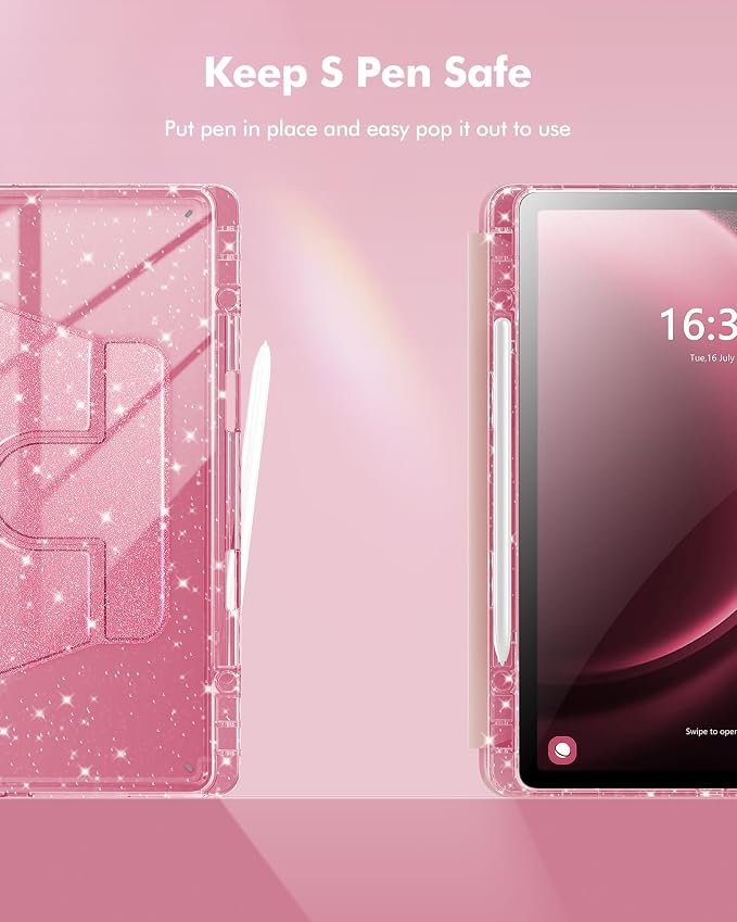 INFILAND Rotating Case for Samsung Galaxy Tab S10 FE/ S9 FE 5G 10.9 Inch/Tab S9 11 Inch 360 Cute Glitter Cover with Clear Back S Pen Holder for Girls Kids Woman (Black)