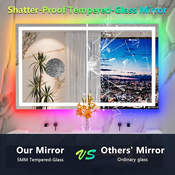 YEELAIT 60x36 Inch RGB LED Bathroom Mirror Front Light and RGB Backlit Lighted Vanity Mirror for Bathroom Wall Mounted Dimmable Anti Fog Memory Shatter-Proof IP54 Waterproof Horizontal/Vertical