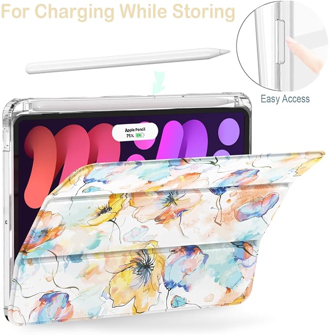 Feams Case for iPad mini 7 A17 Pro 2024/iPad Mini 6 2021 Slim Lightweight Trifold iPad mini 7 A17 Pro Case 8.3 Inch 2024 Clear Back Cover with Pencil Holder &amp Auto Sleep Blue Bow