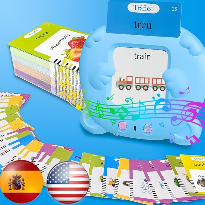 English Flash Cards Bilingual - Spanish Talking Flash Cards for Kids, Pocket Speech for Toddlers 3-12, 510 Sight Words of 31 Varieties, Sensory Toys Children with Autism (Spanish, Blue)