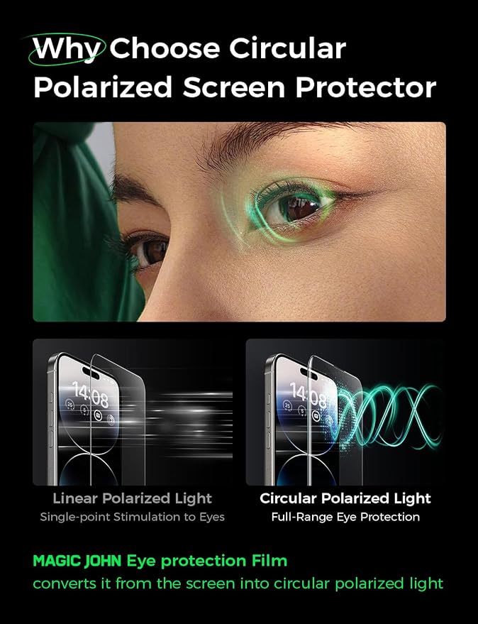 MAGIC JOHN 2PACK for iPhone 14 Pro (6.1) Eye Protection Screen Protector HD Clear Auto Dust-Elimination 9H Tempered Glass &amp Scratch Resistance Full Edge Coverage