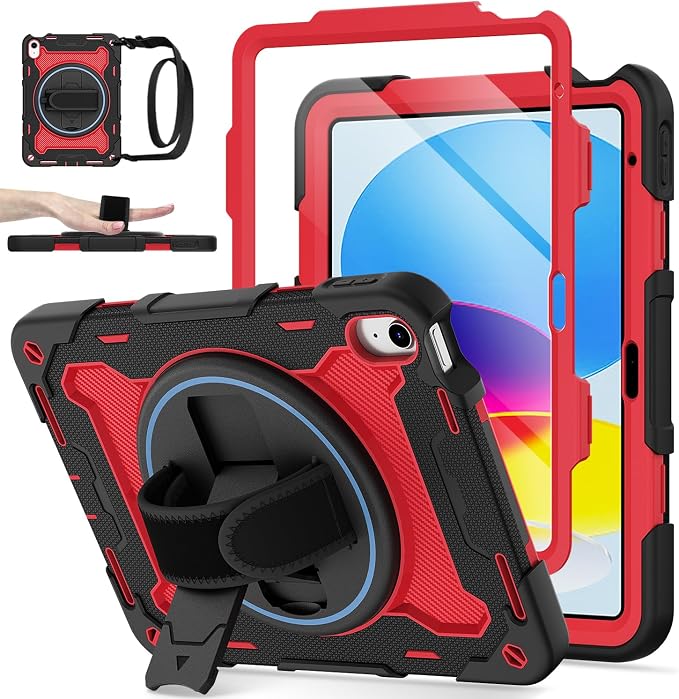 for iPad 9th 8th 7th Gen Case 10.2 inch with Screen Protector | 360° Rotating Kickstand Hand Strap Shoulder Strap Heavy Duty Military Grade - Kids Friendly