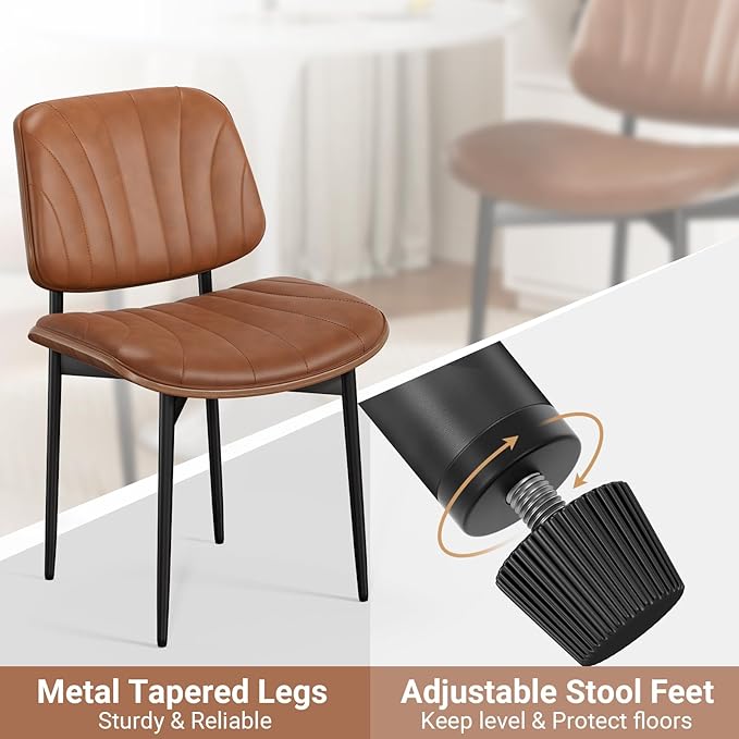 Dining Chairs Set of 4, Mid-Century Modern Upholstered PU Leather Chairs with Walnut Bentwood Back and Metal Legs Adjustable Feet for Kitchen Dining Room, Camel Shell Strips