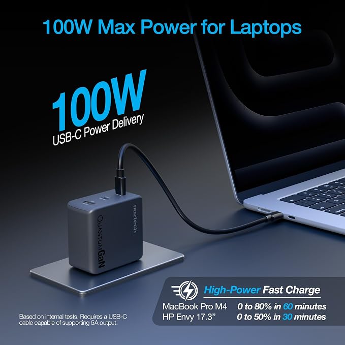 Naztech 100W USB-C PD + USB Wall Charger 3-Port GaN Ultra-Fast Compact Adapter Block High-Power Charging Dock for laptops iPhone Android Phone &amp More