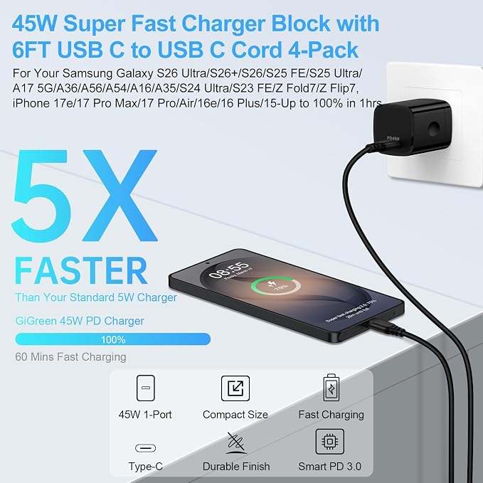 45W Super Fast Charger for Moto Edge 2026 Razr+2026 Edge 70 Pro+ Razr Ultra 2026 Razr 70 Ultra G Stylus 2026Samsung Galaxy A37/S26Ultra/A36/S25USB Type C Fast Charging Block with 6FT USBC to C Cable