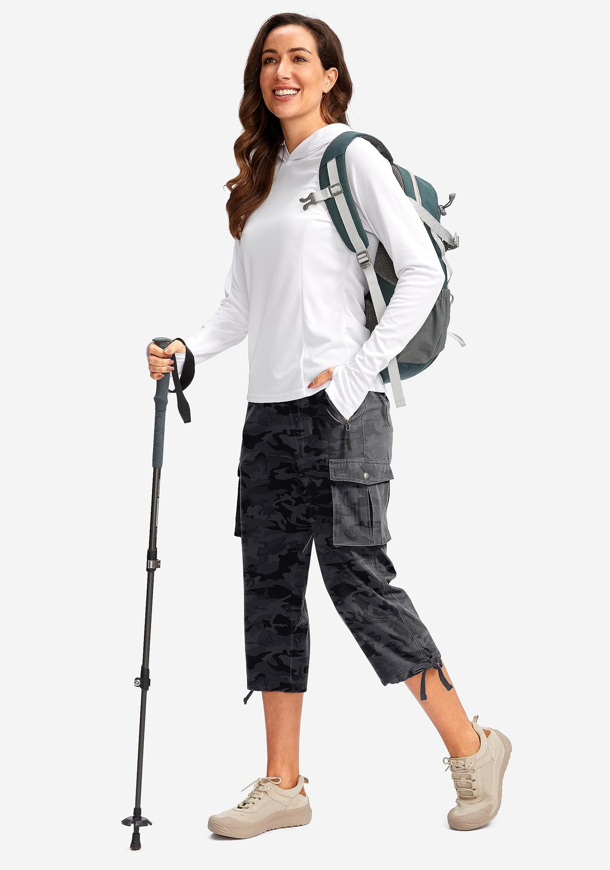 Soothfeel Women's Cargo Capris Pants with 6 Pockets Lightweight Quick Dry Travel Hiking Summer Pants for Women Casual (Black Camo, S)