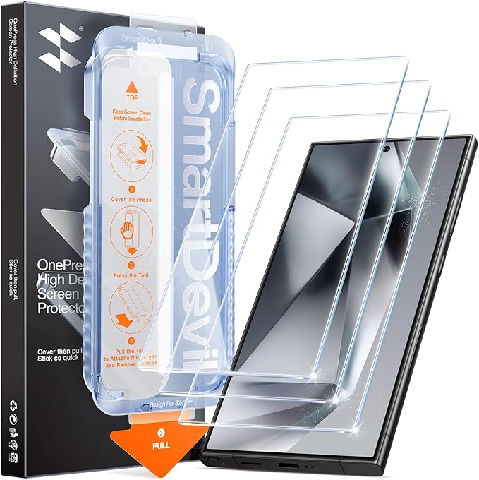 SMARTDEVIL [3 Pack for Samsung Galaxy S24 Screen Protector Finger Print Reader Compatible Fast &amp Easy Installation Clear 9H Tempered Glass Film Alignment Frame [Dust-Free &amp Bubble-Free]