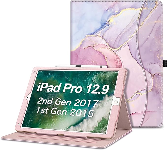 Fintie Multi-Angle Case 2017/2015 iPad Pro 12.9 inch (Old Model) 1st &amp 2nd Gen Case - [Corner Protection] Folio Stand Cover with Pencil Holder &amp Pocket Auto Wake/Sleep Blooming Hibiscus