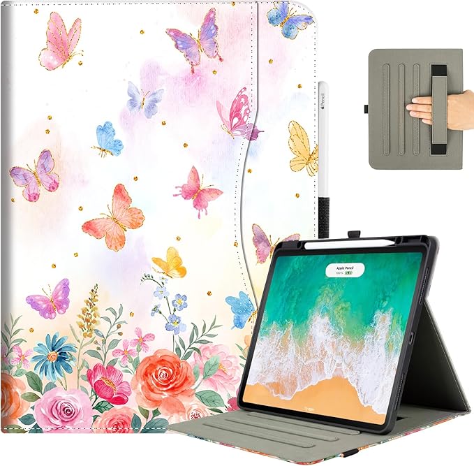 Vimorco Folio Case for iPad Air 13 inch M4/M3/M2 (2026/2025/2024)Dragonfly | for iPad Pro 12.9 inch 6th/5th/4th/3rd GenerationPencil Holder&ampPocket&ampHand StrapAdjustable Angles CoverAuto Sle