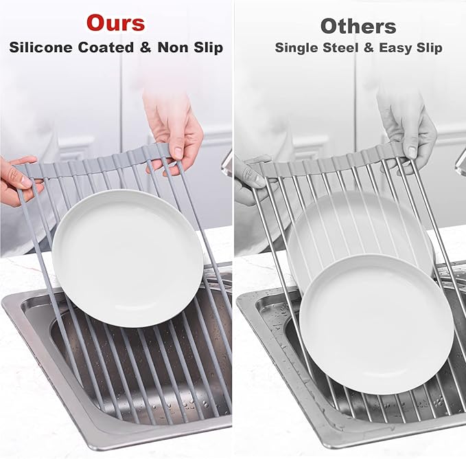 MERRYBOX Roll Up Dish Drying Rack, Silicone Wrapped Over The Sink Dish Rack Foldable Dish Drainer Anti-Slip Dish Racks for Kitchen Counter, Multipurpose Kitchen Sink Drying Rack, 18" x 13", Light Gray
