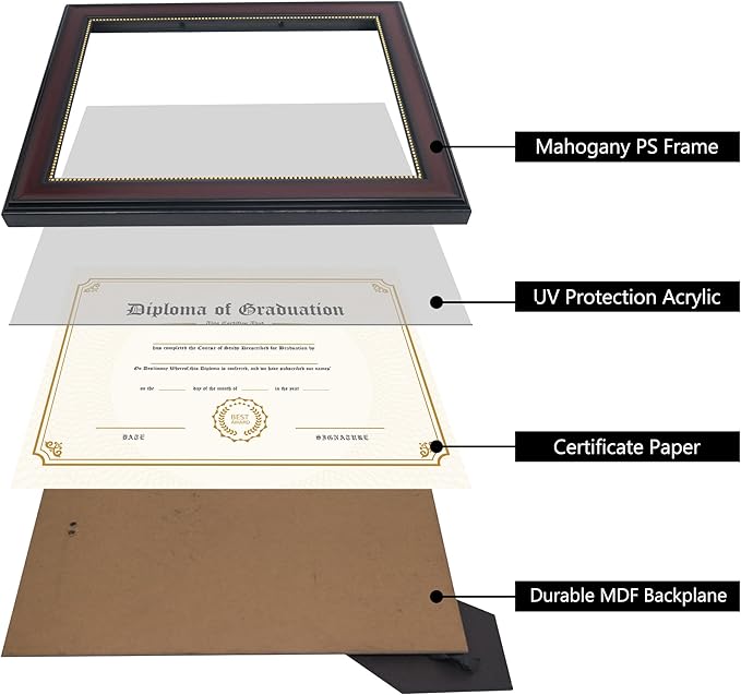 GraduatePro 8.5x11 Diploma Frame, Picture Frame for Wall and Tabletop Display with UV Protection Acrylic, Professional Wooden Look, Mahogany with Gold Beaded, Pack of 2