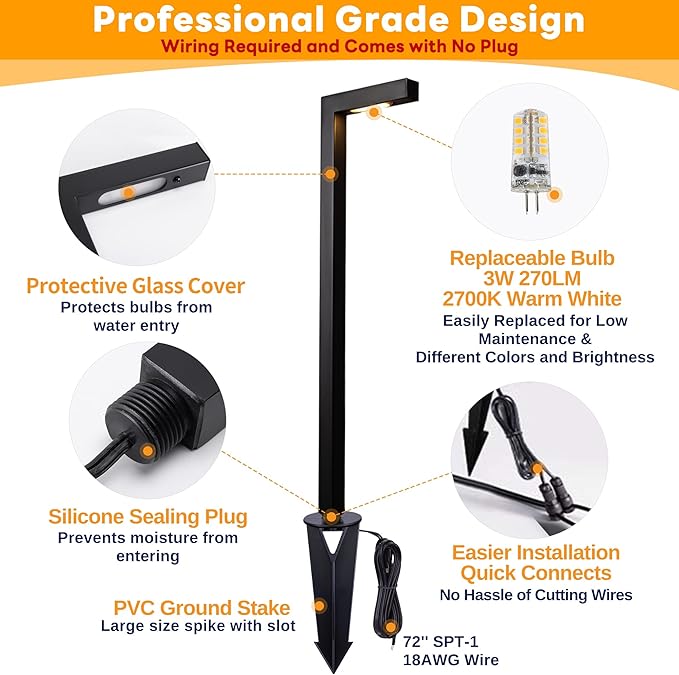 Outdoor Pathway Lights Brass, LED Landscape Path Lights, Low Voltage Driveway Lights Waterproof, L Shape 12V Wired Black for Walkway Sidewalk with 3W 270LM 2700K G4 Bulb 6 Pack