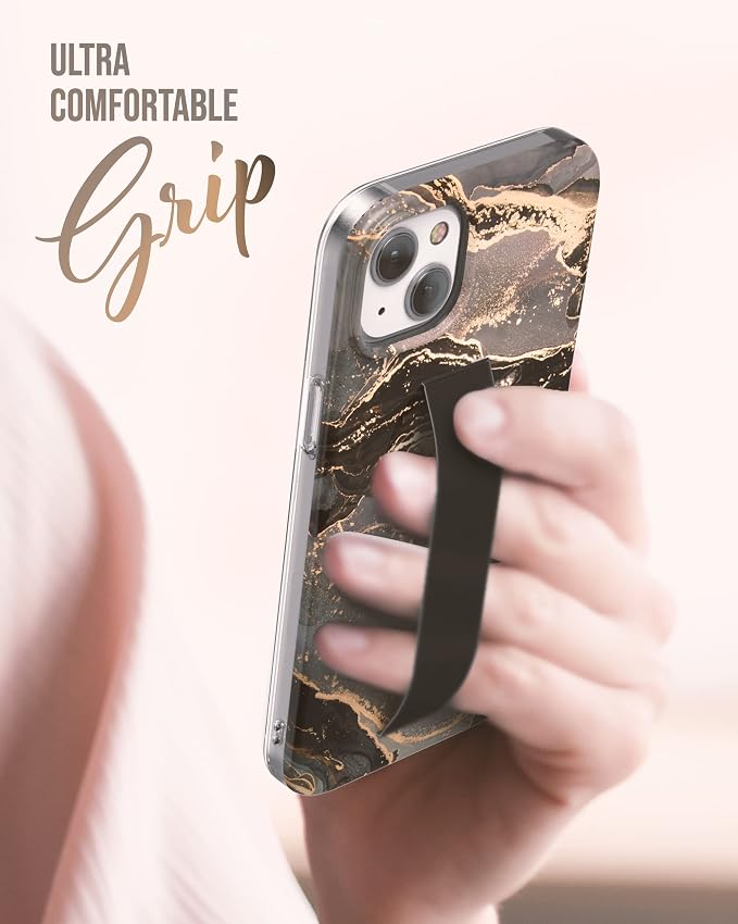 ENCASED Finger Loop Case Designed for iPhone 14 Plus Case with Hand Strap Phone Holder and Screen Protector (Black/Gold Marble)