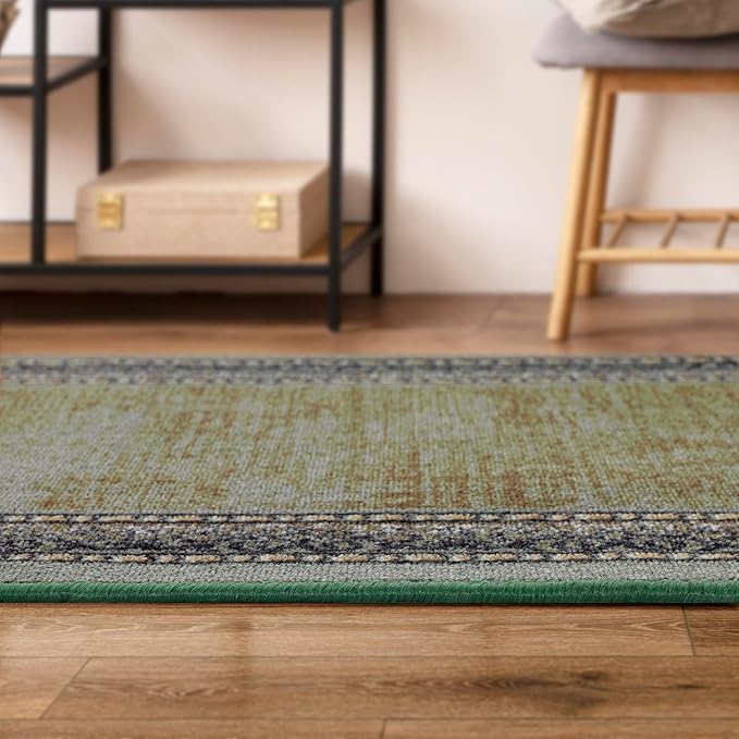 Antep Rugs Alfombras Bordered Modern 2x10 Non-Slip (Non-Skid) Low Pile Rubber Backing Indoor Area Runner Rug (Green, 2' x 10')