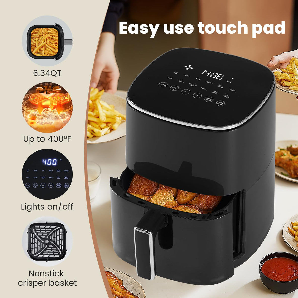 Sweetcrispy 6QT Air Fryer with Window, Square Airfryer Oven 12-in-1 for Family, 400°F Rapid Air Crispy Technology, Roast Bake Dehydrate, Nonstick & Easy-Clean Basket, Off-White