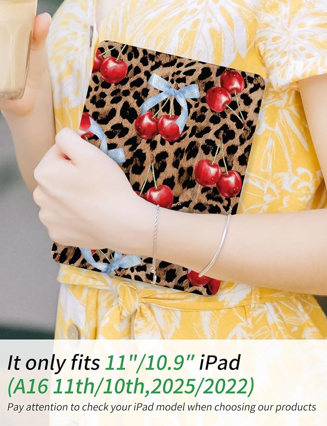 Case for iPad 9th/ 8th/ 7th Generation Case 10.2&amp10.5 Inch (2021/2020/2019 Release) Slim Lightweight Soft Trifold Back Cover with Pencil Holder &amp Auto Sleep/Wake Cover Cherries Cheetah Bows