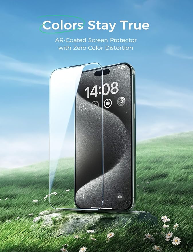 MAGIC JOHN 2 Pack for iPhone 15 Pro Screen Protector Eye Protection | HD Clear Auto Dust-Elimination 9H Tempered Glass &amp Scratch Resistance Full Edge Coverage