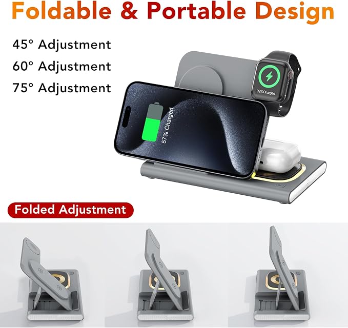 3 in 1 Foldable Wireless Fast Charging Station for Apple Multiple Devices | iPhone Charging Station for iPhone 17 Travel iWatch Charger Stand Light Nightstand Charging Dock for Apple Watch/Airpods