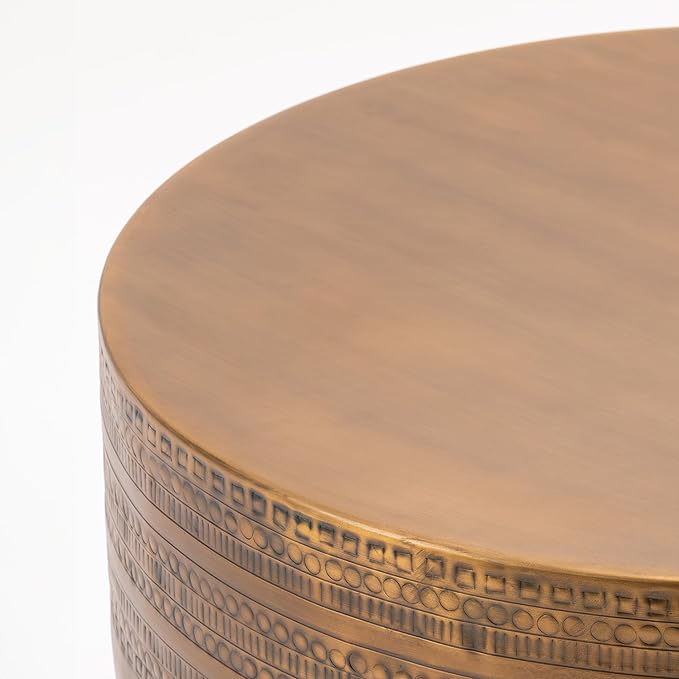 Modern Round Aluminum Hammered Embossed Texturing Metal Drum Coffee Table, Hand-Stamped Iron, Boho Accent Cylinder Drum Coffee Table, Cocktail Table, for The Living Room and Bedroom, Brass