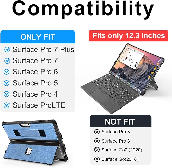 Case for 12.3 Microsoft Surface Pro 7+/7/6/5/4 Protective Rugged Cover Case with Surface Pen Holder and Hand Strap Compatible with Surface Pro Type Cover Keyboard (Black)