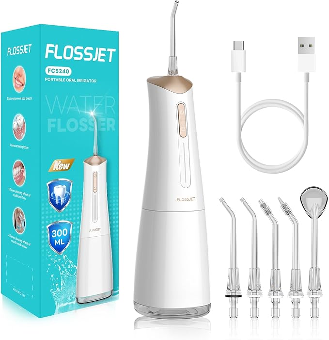 FlossJet Water Dental Flosser Cordless Oral Irrigator with 300ml 5 Tips 4 Modes USBCharger Portable Travle Irrigation Cleaner IPX7 Electric Irrigador Dental for Teeth Cleaning (White)