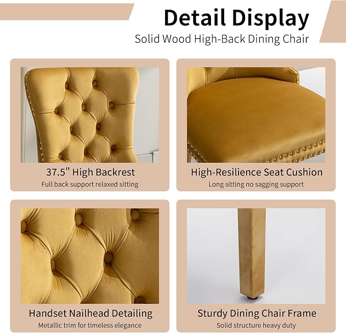 Luxury Upholstered Dining Chairs Set of 6, Yellow Kitchen Chair with Golden Metal Legs, Velvet Tufted Back Dining Chair, Sillas de Comedor, Modern Kitchen & Dining Room Chairs (Gold, 6 Pcs)