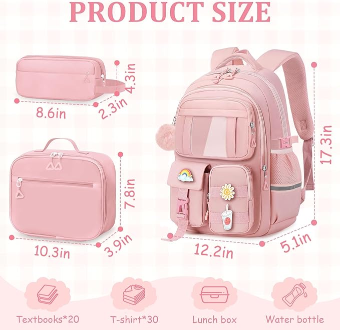 School Backpack for Girls - 5pcs Cute Girls Backpack with Lunch Box for Teens Kids Elementary Middle School - 17″ Students Bookbag Travel Back Pack for Age 6-18