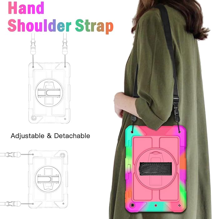 BMOUO for iPad 9th/8th/7th Generation Case 10.2 Black | Shockproof Rotating Stand Shoulder Hand Strap iPad 9th/8th/7th Generation Case with Pen Holder for iPad 10.2“ 2021/2020/2019