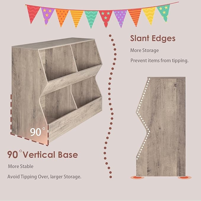 DINZI LVJ Kids Bookshelf, Toy Storage Organizer, Wooden Toy Storage Cabinet, 4 Cubby Children Bookcase, 43.3" L Toddler Book Shelf for Bedroom, Nursery, Hallway, School, Greige