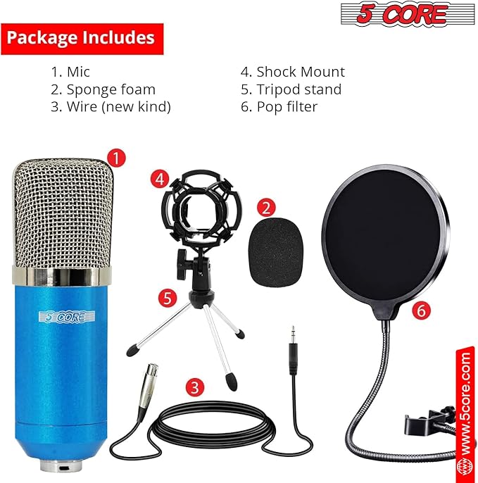 5Core Recordng Microphone Podcast Bundle Condenser w Microphone Arm Desk Mic Stand Computer Gaming Recording Vocals Streaming - RM 7 BLU