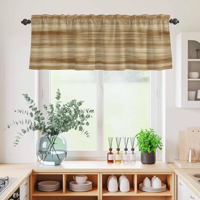 Kitchen Curtains Tiers and Valance Set of 3, Light Brown Wood Grain Light