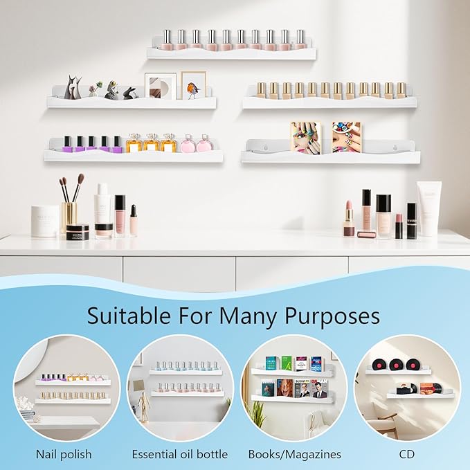 6 Pack Wall Mounted Acrylic Nail Polish Organizer Rack 15 Inch White Nail Polish Shelf with Removable Ends Multi-Purpose Shelf for Essential Oils Cosmetics Storage Display for Salon Bathroom