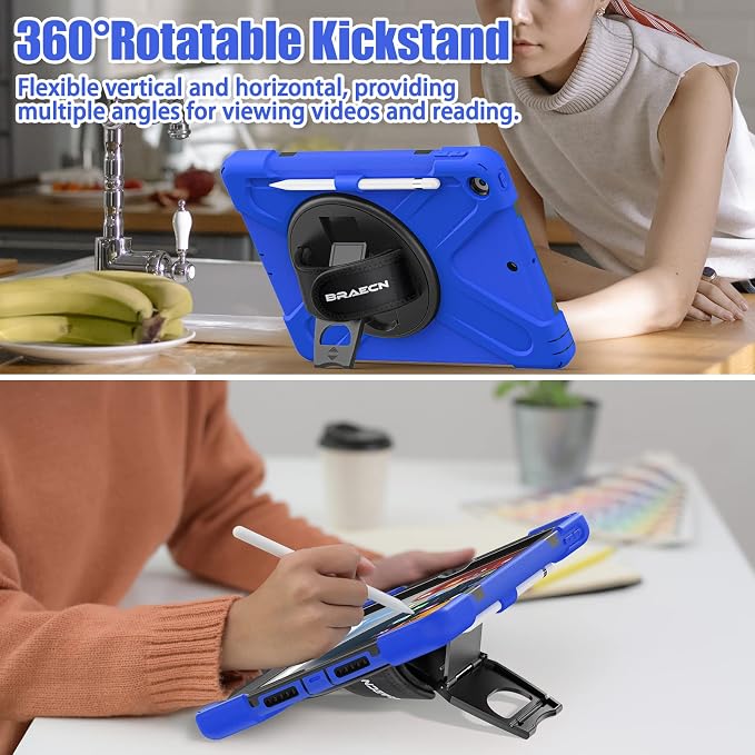BRAECNstock Shockproof Case for iPad 9th/8th/7th Gen 10.2 Blue | All-in-1 Case Hand Strap &amp Stand Shoulder Straps Pencil Holder Screen Protector – For Office Commute &amp Presentation