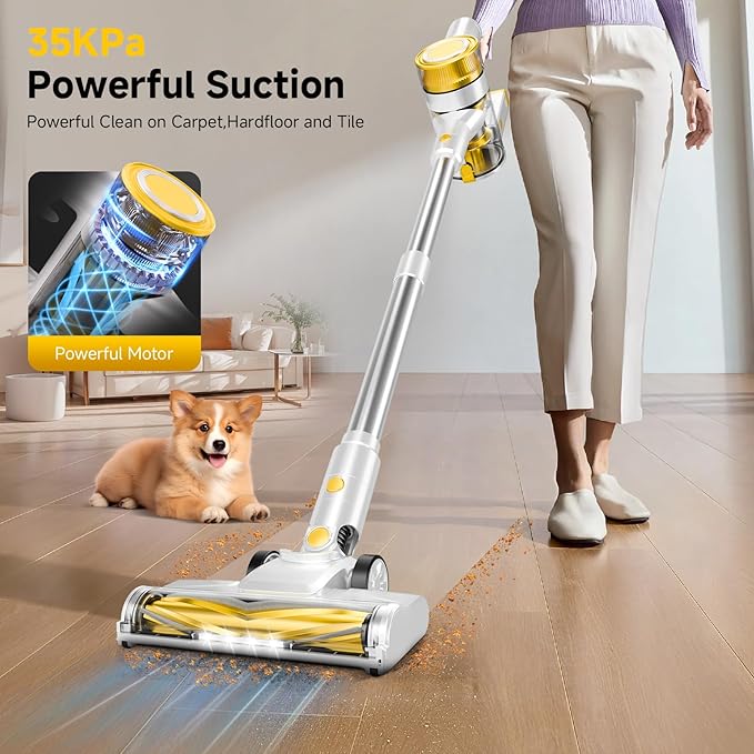 Cordless Vacuum Cleaner, 35Kpa Vacuum Cleaner for Home, 45Mins Stick Vacuum with LED Display, Anti-Tangle & Wall Mount Charging, 6 in 1 Lightweight Vacuum for Hard Floors, Carpet, Pet Hair (yellow)
