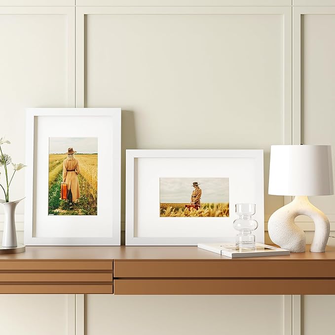 Egofine 8x12 Picture Frame White Covered by Plexiglass Made of Solid Wood, Display Pictures 5x7/6x8 with Mat or 8x12 Without Mat for Table Top and Wall Mounting