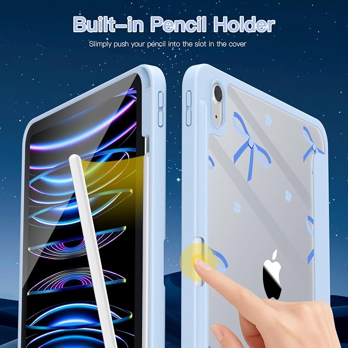 Teryeefi for 2024 iPad mini 7 Case A17 Pro for iPad mini 6th Generation Case 2021 8.3 Inch with Pencil Holder Auto Wake/Sleep Slim Clear Back Shell Cover (Blue Bow)