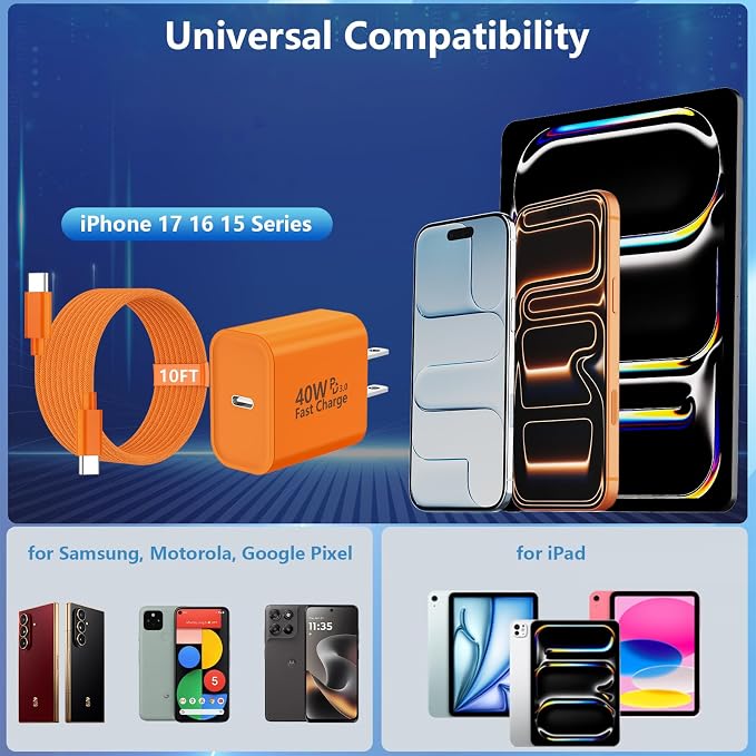 iPhone 17 Pro Max Charger Fast Charging [2-Pack] 40W USB C MFi Certified Fast Charger Block with 2x10FT Woven Type C to C Cable for iPhone 17/Pro Max/Pro/Air/16/16 Pro Max/15/iPad – Orange